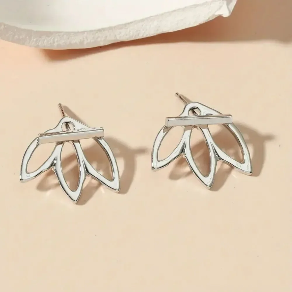“Sway” Lotus Bohemian Stud Earrings – Silver Metallic, Minimalist